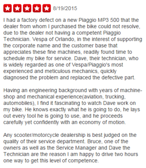 Great Yelp Review - Vespa Orlando